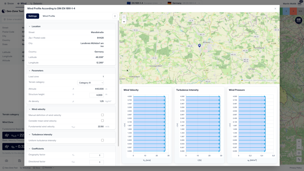 Darstellung der Windgeschwindigkeits-, Turbulenzintensitäts- und Winddruckverteilung mit dem Modul Windprofil im Geo-Zone Tool.
